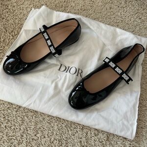 Dior Black Patent Leather Flats with Logo Strap